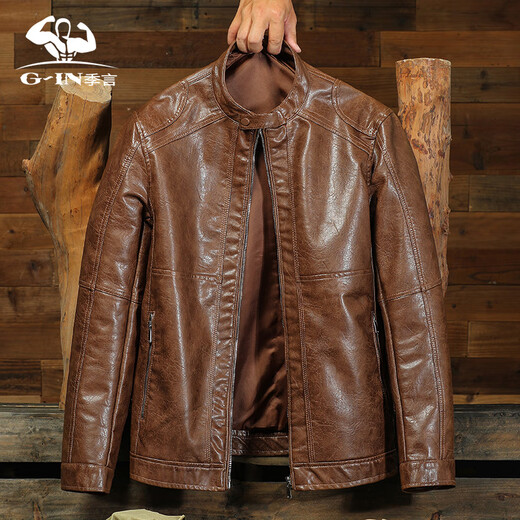 Ji Yan High Luxury Maillard Men's Jacket 2024 New Leather Jacket American Retro Handsome Stand Collar Motorcycle Leather Jacket for Men Black 2XL