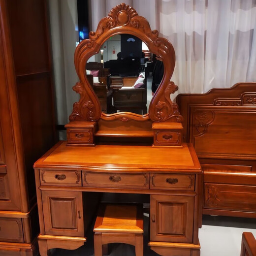 Yuewen Guangdong Foshan Indonesian rosewood all solid wood dressing table with stool Ming and Qing classical carving master bedroom dressing table other models solid wood dressing table + stool*1