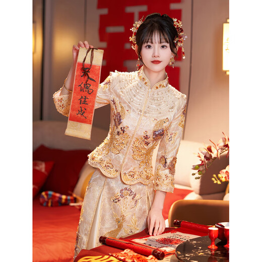 ROAR UTHAUG Champagne Show and Dress Bridal 2024 New Chinese Style Wedding Dress Small Toast Dress Autumn and Winter Wedding Dress High-end Gold Beads (No Headgear) S