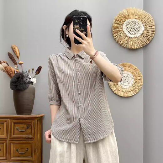 NICOLEJOLIE100%纯棉长袖衬衫女2025春装新款细条纹宽松文艺休闲棉纱衬衣上衣 蓝条6623（翻领细条纹无口袋） L