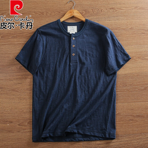 
Pierre cardin single bamboo joint cotton + linen summer men's thin breathable solid color Henry neck tough guy casual short-sleeved T-shirt beige L