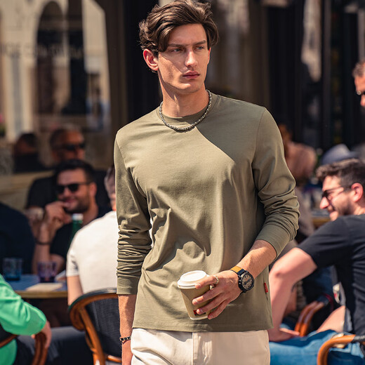 Mr. Bu star-like long-sleeved T-shirt for men's small white T-inner, long-sleeved standard T-round neck-white L(175)