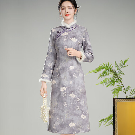 Xiuguan Tangronghua 2025 winter new style suede thickened warm mink fur collar new Chinese style improved national style cheongsam skirt purple M