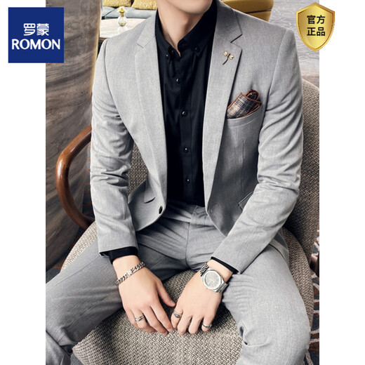 ROMON Korean style suit, handsome and trendy male wedding groomsmen dress host slim suit two-piece suit 102 black two-piece suit = suit + pants S (suitable for 95-105 Jin Jin equals 0.5 kg)