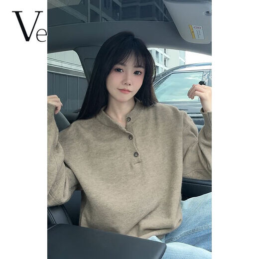 VE American retro Henry collar sweatshirt men's autumn lazy style relaxed knitted sweater cleanfit bottoming shirt light gray //VE hot sale M recommended 95-110Jin Jin equals 0.5 kg