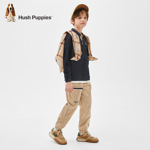 Hush Puppies children's clothing for children, boys and older children, spring and autumn, soft, breathable, fashionable, classic, casual and versatile, long-sleeved Polo shirt, navy blue 140 cm