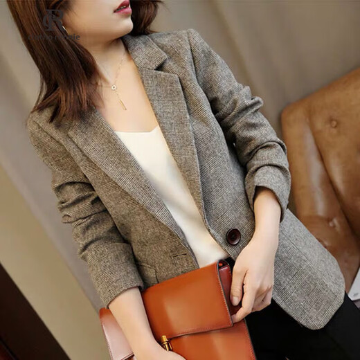 Clotho Rennie brand women's plaid blazer women's 2025 spring and autumn new style retro British style slim slim small suit coffee color 2XL