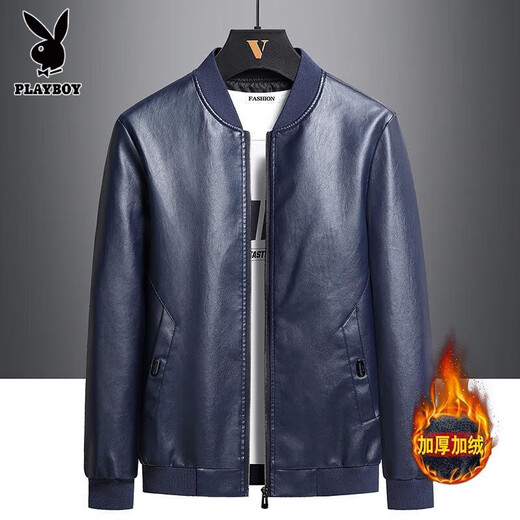 Playboy velvet leather men's jacket autumn and winter thickened soft leather jacket Haining style Korean version slim and warm casual thin style black without velvet XL 126-140Jin Jin equals 0.5 kg