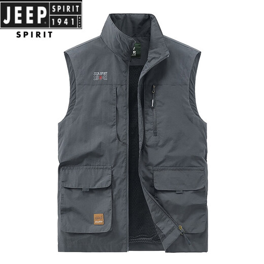 JEEP SPIRIT吉普男士马甲春秋季新款户外工装马夹休闲大码运动中年背心外套 677R灰色 【加绒款】 3XL (156-170)