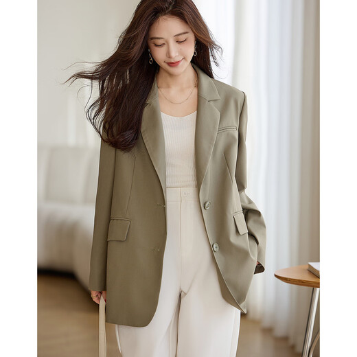 Demana Luxurious and Slim Spring and Autumn Suit Collar Loose Long Sleeve TR Slit Suit Jacket Women's Short Light Green L