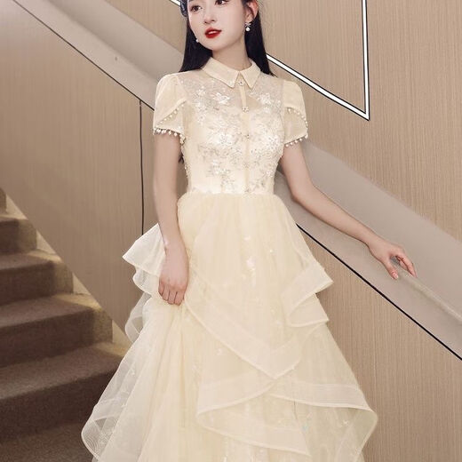 Hanyu high school student adult dress female 18 years old high-end dinner party niche art test performance high-end host dress 033 champagne M