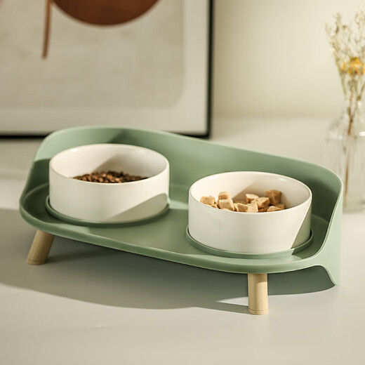 Ceramic cat bowl, pet food bowl, cervical vertebra protection, cat food bowl, dog rice bowl and drinking water bowl, integrated anti-knock over cat water bowl, mint green + placemat, high-legged ceramic double bowls (priority delivery for collection and purchase)