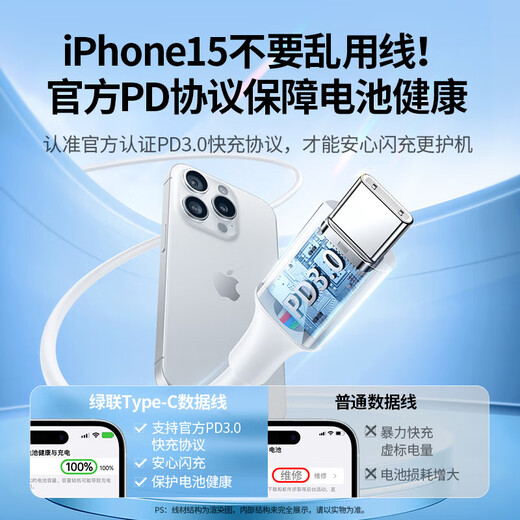 绿联双头Type-C数据线PD100W快充c to c车载充电线Carplay适用苹果iPhone15ProMax/iPad 【樱花粉】2米PD100W