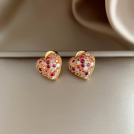 DL 1998 Fat Donglai same style gemstone earrings colorful treasure temperament purple red colorful love zircon for women small exquisite fashion small exquisite full diamond love earrings / 925 silver needle pair