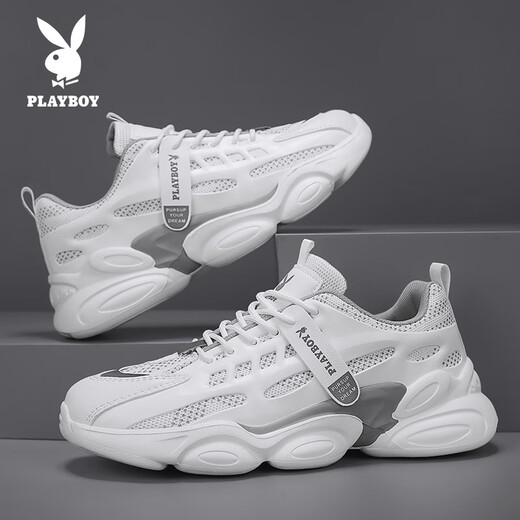 Playboy (PLAYBOY) daddy shoes men's shoes 2025 summer shoes men's casual shoes men's thick sole height-enhancing breathable sports shoes white 42
