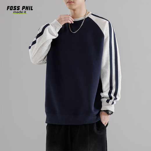 Foss Phil撞色卫衣男秋冬季休闲潮牌宽松圆领美式T恤打底衣8891藏青色XL