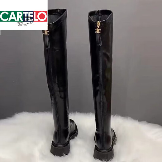 Cartelo Over-Knie-Stiefel 2025 Britische Stiefel mit Einzelstiefeln Martin Stiefel Dicke Sohle schlanke Stiefel echtes Leder flacher Sockel und Herbst High Stiefel V-Punkt 230 Black Single Style 37 37