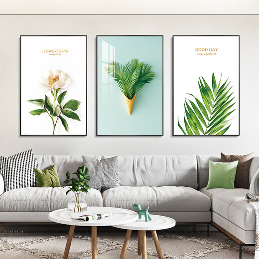 Gemälde von Dafen Nordic Wohnzimmer Dekoration Gemälde Einfache moderne Sofa Hintergrund Wanddekoration Hängende Gemälde Kleine frische Triptychon-grüne Pflanzen Wandgemälde 6736-s/63502/12859 50*70 Klassische schwarze Rahmenöl Leinwand Bild