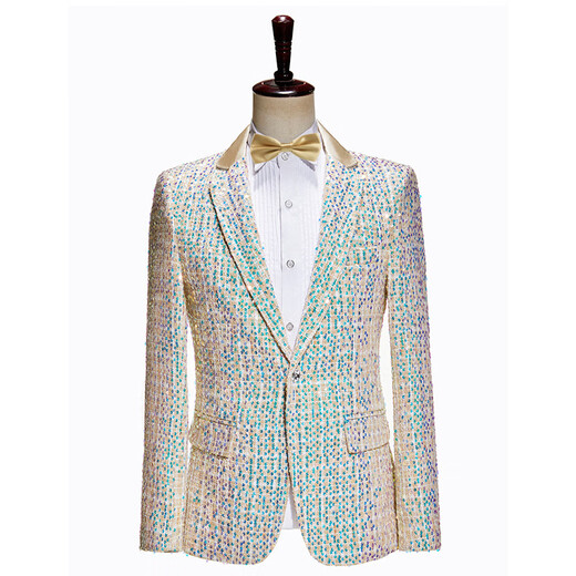 Kuosheng cross-border men's slim-fit champagne sequin dress suit stage performance suit host anchor catwalk suit champagne color (suit + pants + champagne bow tie) L