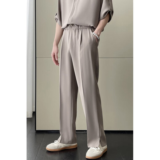 Fearless Forward (GQWWQX) summer ice silk suit men's fashionable casual shirt straight pants two-piece set handsome and versatile K683 black L
