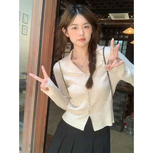 简方位法式翻领长袖针织开衫女秋冬2025新款小众设计感修身打底短款上衣 9926黑色 S  建议80-95斤穿
