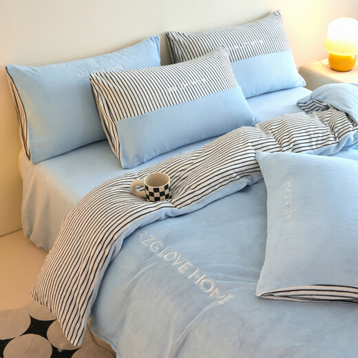 Produced milk velvet baby velvet four-piece set 2025 new winter matte grade smooth and delicate embroidery customization baby blue bed sheet style 2.0m four-piece set