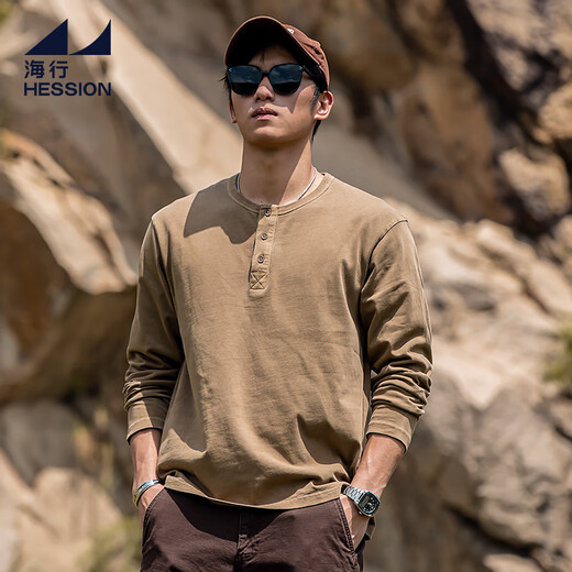 Hai Xing Henry Collar Long Sleeve T-Shirt Men's Loose Solid Color Bottoming Shirt Autumn Casual T-shirt Men's Top Brown XL