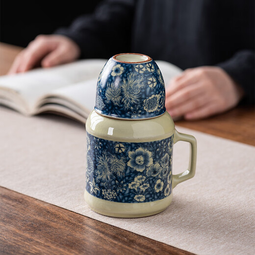 Yunhua Ru kiln blue and white stuffy teapot can grow retro mug large capacity cold kettle with lid ceramic anti-scalding warm kettle cup flower kettle + single cup 450ml