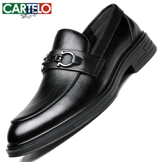卡帝乐鳄鱼（CARTELO）男士乐福鞋商务休闲皮鞋格纹透气一脚蹬正装皮鞋男9902黑色41