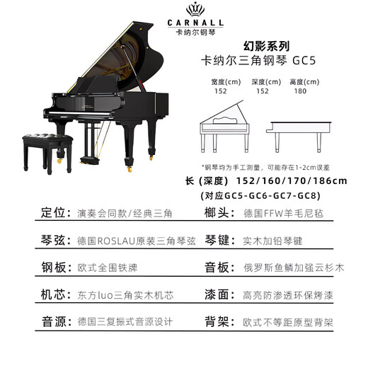卡纳尔（CARNALL）全新家用三角钢琴成人专业演奏实木真钢琴德国进口配置高端教学用 GC5 高端黑 [德国三复振式音源]