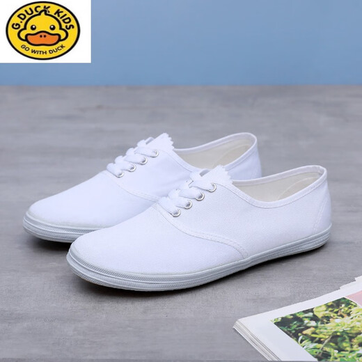 G.duck white sneakers, student canvas shoes, children's white shoes, school gymnastics dance shoes, sports meet performance soft-soled white mesh shoes, pure white, lace-up, size 36, 23cm inside
