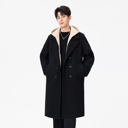 Mufan cotton autumn and winter thickened warm fake two-piece woolen coat men's casual large size loose long knee-length hooded windbreaker jacket black hat thickened XL suitable for 150 to 170 Jin Jin equals 0.5 kg