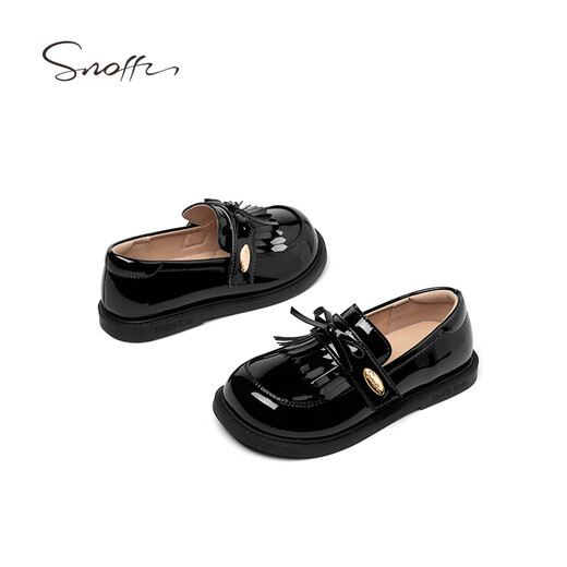 Snoffy Girls' Leather Shoes Autumn Versatile Children's Loafers Casual Soft Soled Black Leather Shoes Comfortable Shoes Iris Black 32