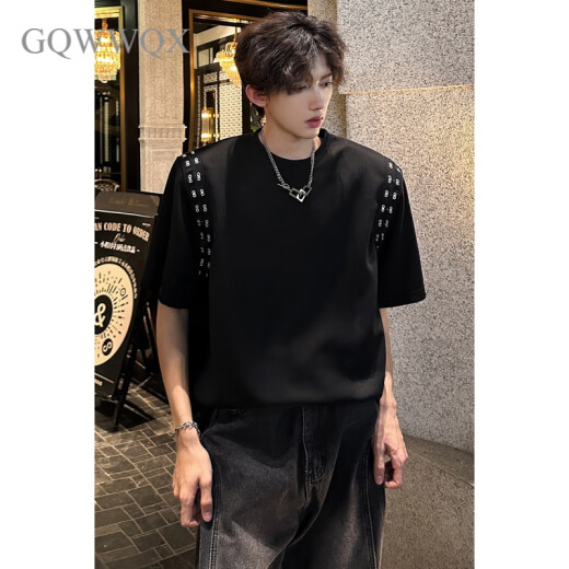 GQWWQX痞帅高级感垫肩T恤男夏季发型师潮牌短袖小众设计感五分半袖 CD1047黑色 XL