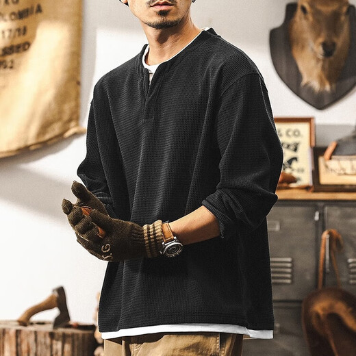 Jeanswest fake two-piece American retro heavyweight European velvet cotton long-sleeved T-shirt men's autumn and winter 2025 new tough guy Henry shirt black plus velvet L suitable for 125-145Jin Jin equals 0.5 kg