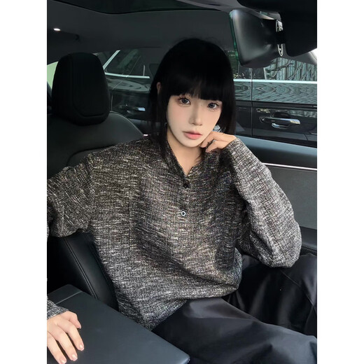 Jane Deiune old money style henley collar sweatshirt men's autumn fashion brand sense handsome sweater heavyweight inner long-sleeved T-shirt black M