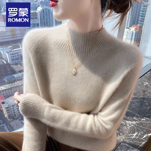 ROMON 100% pure cashmere sweater for women 2025 new style high-end half turtleneck sweater autumn and winter thickened pullover bottoming sweater green velvet rice L recommended 105-115Jin Jin equals 0.5 kg