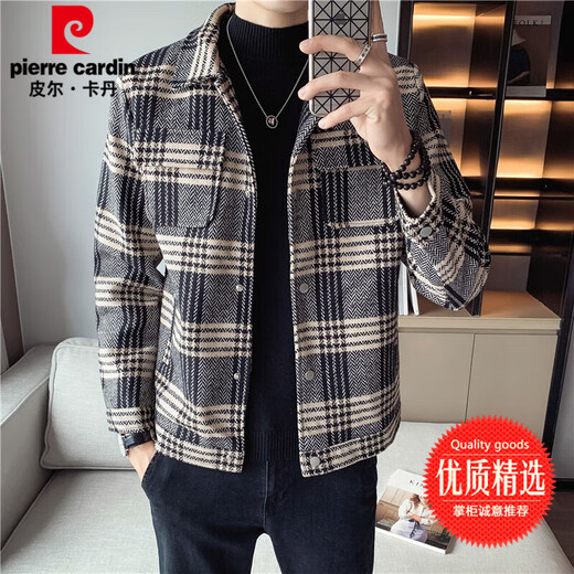 皮尔卡丹（pierre cardin）小香风夹克外套男士秋季2025新款潮流格子翻领加厚毛呢休闲春秋装 719 白 S 70-85斤