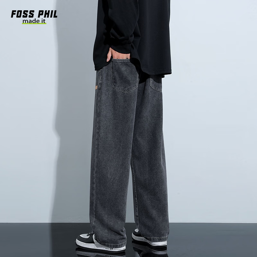 Foss Phil牛仔裤子男士春夏季宽松阔腿直筒裤子休闲裤838黑灰XL
