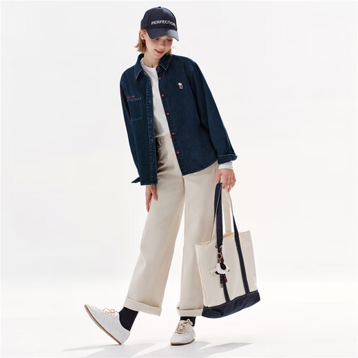 Giordano Snoopy co-branded retro new embroidered pocket loose denim shirt women's long sleeve 18345704 62 denim blue S