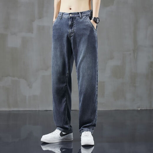 Lanfulun 2024 Herbst Jeans Herbst und Winter lose geradlinige Weitbeinhosen Amerikanische Modemarke Casual Long Hosen H1048 Hellblau Ein Size S empfohlen 80-Jin [Jin entspricht 0,5 kg]