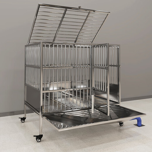 HKML stainless steel dog cage, large dog cage, medium-sized dog cage with separate toilet flushing funnel tray, small dog kennel, mother and child cage - length 150*width 100*height 135cm, stainless steel 202 hollow round tube cage + skylight + funnel tray - dog bowl included
