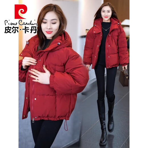 Pierre Cardin chaqueta corta con capucha para mujer 2026 invierno nueva moda suelta y estilo extranjero chaqueta cálida de plumón de pato blanco engrosada rojo L (110-120 Jin Jin equivale a 0,5 kg)