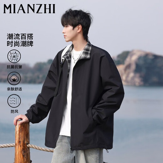 Cotton jacket men's autumn and winter lapel plaid jacket men's trendy Hong Kong style casual workwear top men black L