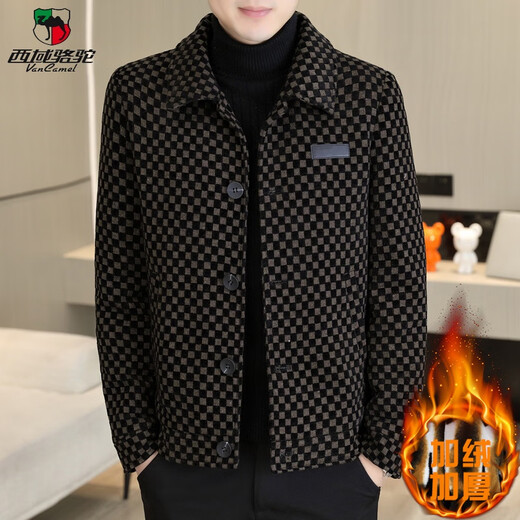 Western Region Camel (VANCAMEL) high-end houndstooth men's gold mink jacket jacket autumn and winter new style plush thickened trendy lapel woolen coat 6224 black and gray M 105 Jin [Jin equals 0.5 kg]