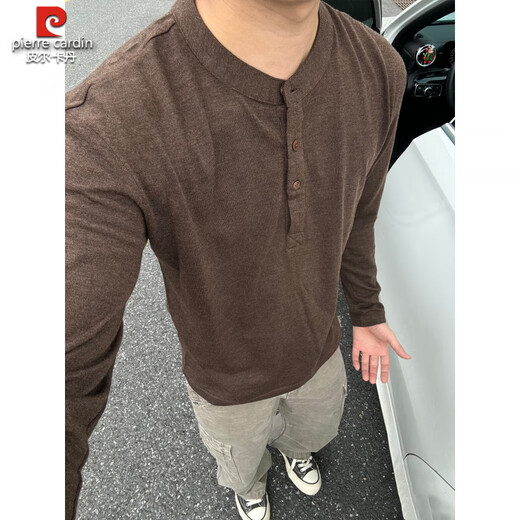 Pierre Cardin old money style Henley collar long-sleeved POLO shirt for men, autumn lazy style round neck sweatshirt with bottoming knitted T-shirt, brown M 90-110Jin Jin is equal to 0.5 kg