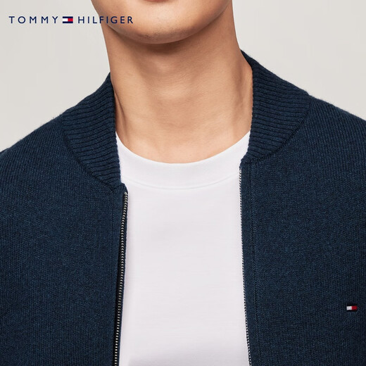 TOMMY HILFIGER Pure Wool Autumn and Winter Men's Business Casual Youth Baseball Collar Wool Sweater Knitted Cardigan Jacket Dark Blue DV6 S (Recommended 120-135Jin Jin equals 0.5kg)