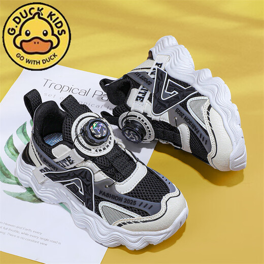 
G.DUCKKIDS little yellow duck boy sports shoes Spring and Autumn 2024 new mesh breathable children's shoes rotating button soft sole running shoes JJL-Black and white 683 (double net) size 37 size 23.6cm in length