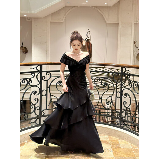 GJFDGood Job Rubens Holiday French black one-shoulder light luxury dress niche dress fishtail skirt porcelain black L