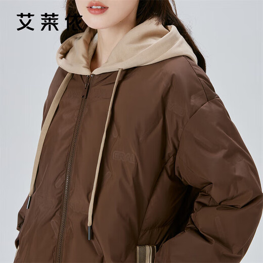 Ai Lai down jacket women's fake two-piece short hooded loose fashion warm baseball jacket honey tea brown 165